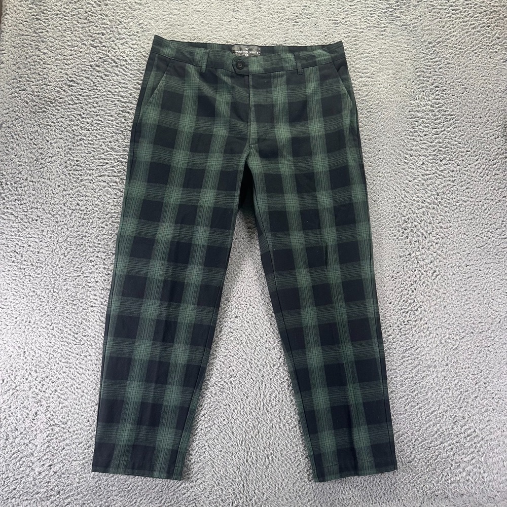 Houston White Pant Mens 36x27 Green Plaid Cotton Dress Straight Preppy Career